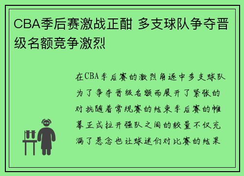 CBA季后赛激战正酣 多支球队争夺晋级名额竞争激烈