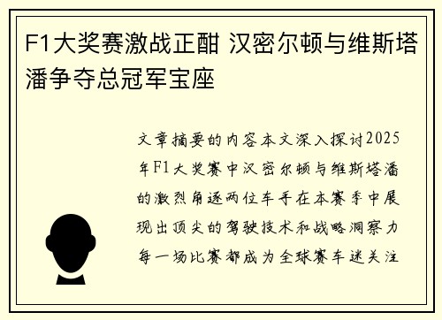 F1大奖赛激战正酣 汉密尔顿与维斯塔潘争夺总冠军宝座
